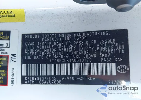 2010 Toyota Camry Se z USA, uszkodzony, nr VIN 4T1BF3EK1AU513170